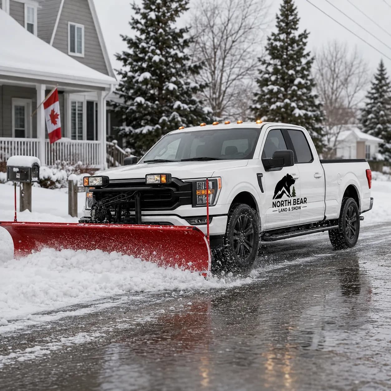 North Bear Land and Snow truck with a Canadian flag, locally owned company