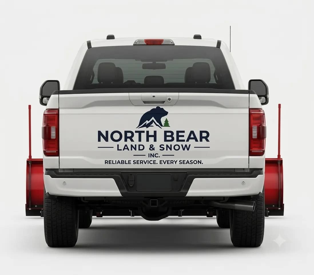 Rear view of a North Bear Land and Snow plow truck with the branded tailgate