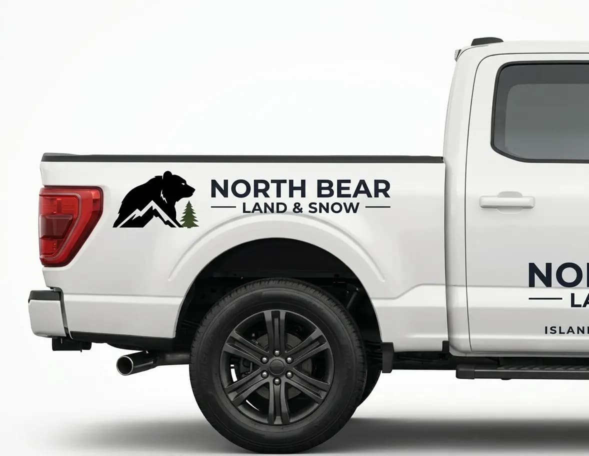 Side view of a branded North Bear Land and Snow pickup truck